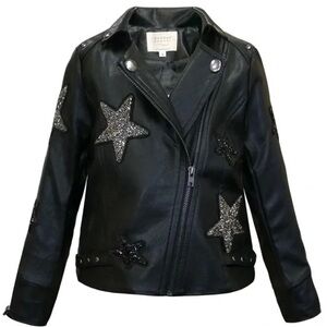 Hannah Banana black faux leather star patch motorcycle jacket girls sz 14
